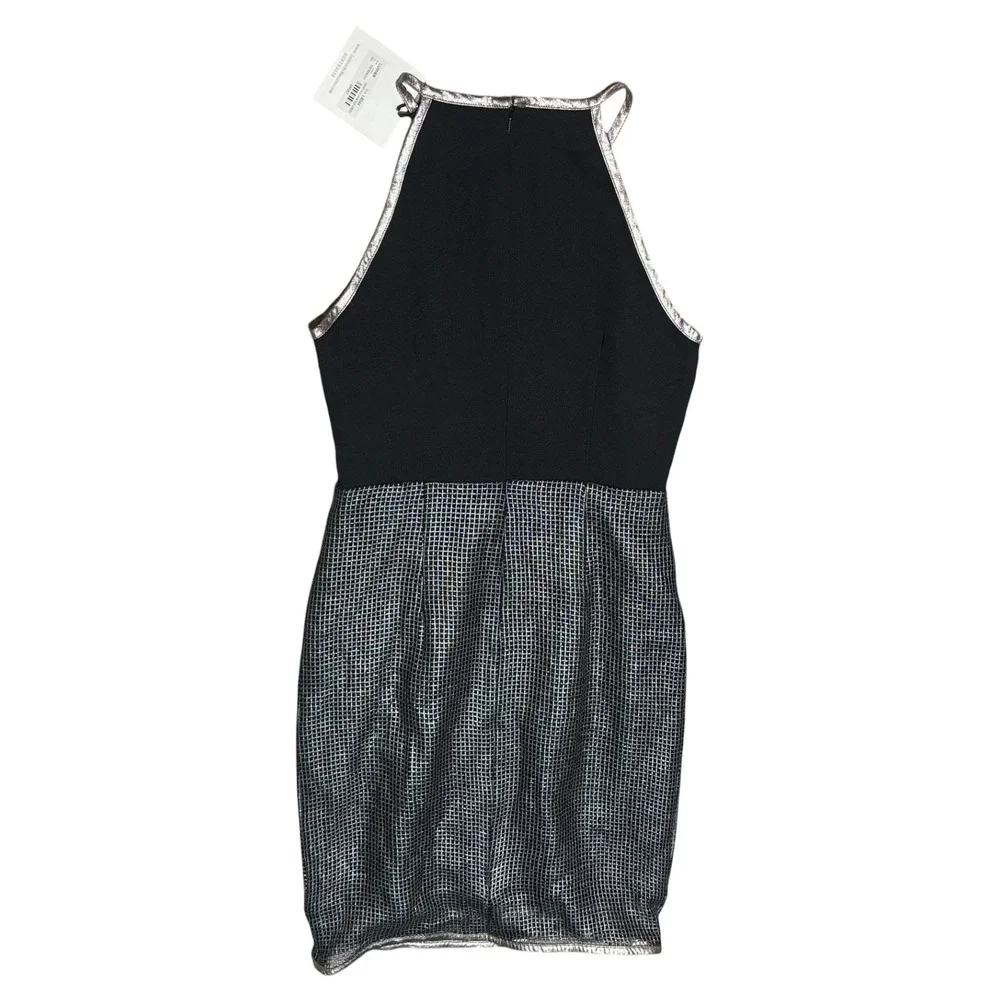 Lumier by Bariano Akira NWT pewter black LG halter cocktail dress metallic party
